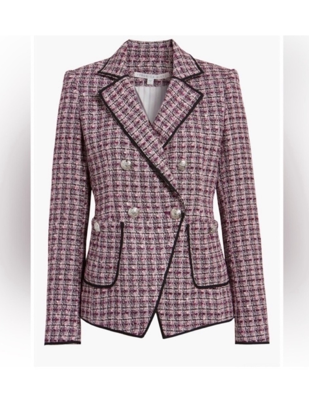 VERONICA BEARD | Theron Tweed Double Breasted Blazer Jacket Pink Black Trim Sz 6